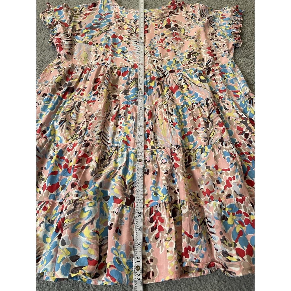 OTT Tiered Floral Babydoll Mini Dress Sz M Pink Ruffles Peasant Boho Beach - Picture 6 of 11